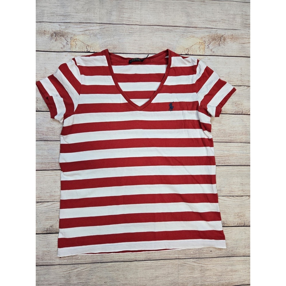 Ralph Lauren T-Shirt Women's Red White Striped Short Sleeve V-Neck  Size Medium